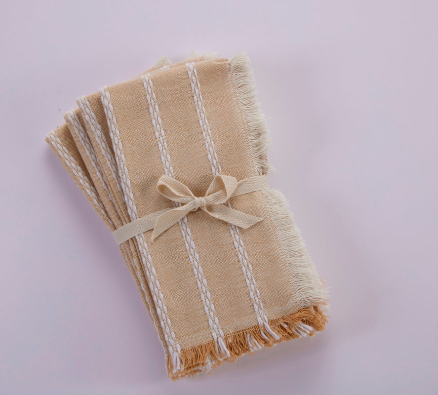 Dobby Stripe Fringe Napkins - Set of 4- 100% Cotton - Tan,